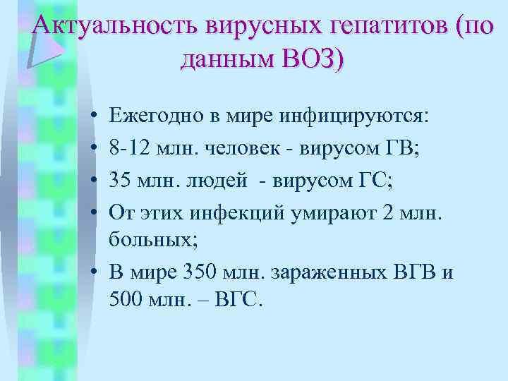 Актуальность вирусных гепатитов (по данным ВОЗ) • • Ежегодно в мире инфицируются: 8 -12