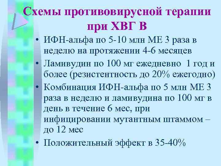 Схемы противовирусной терапии при ХВГ В • ИФН-альфа по 5 -10 млн МЕ 3