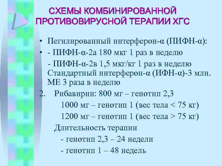 СХЕМЫ КОМБИНИРОВАННОЙ ПРОТИВОВИРУСНОЙ ТЕРАПИИ ХГС • Пегилированный интерферон-α (ПИФН-α): • - ПИФН-α-2 а 180