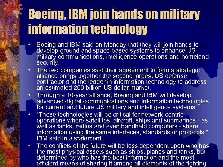 Boeing, IBM join hands on military information technology • Boeing and IBM said on