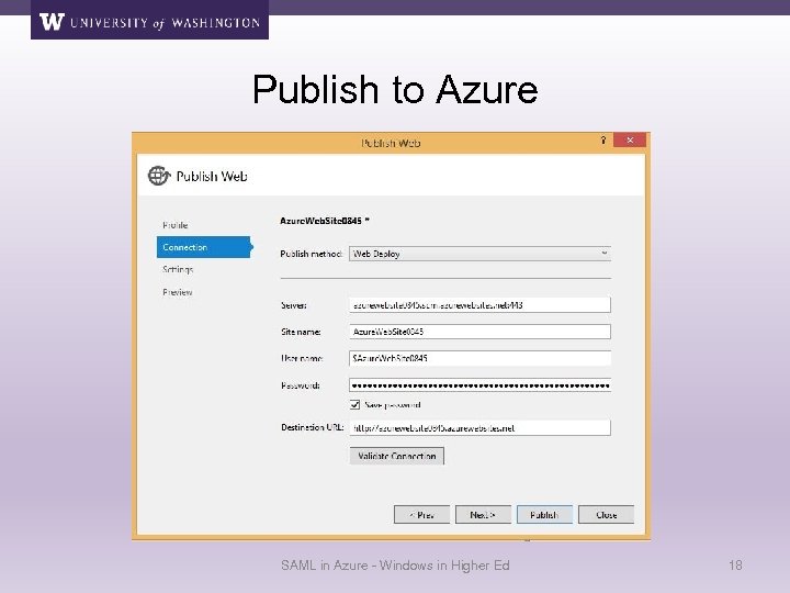 Publish to Azure SAML in Azure - Windows in Higher Ed 18 
