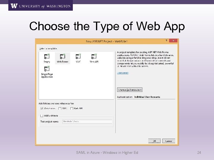 Choose the Type of Web App SAML in Azure - Windows in Higher Ed