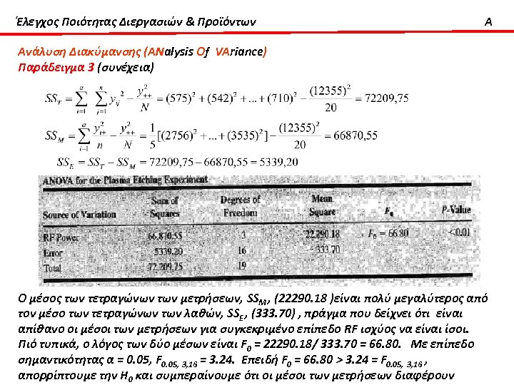 Έλεγχος Ποιότητας Διεργασιών & Προϊόντων A Ανάλυση Διακύμανσης (ΑΝalysis Οf VΑriance) Παράδειγμα 3 (συνέχεια)