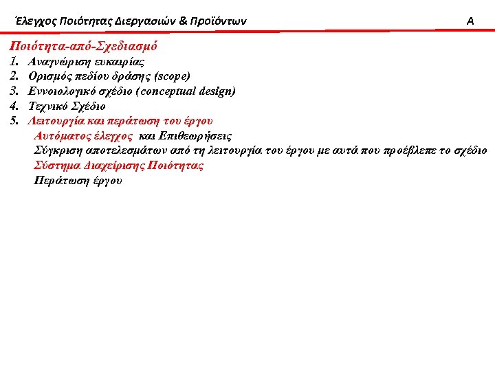 Έλεγχος Ποιότητας Διεργασιών & Προϊόντων A Ποιότητα-από-Σχεδιασμό 1. 2. 3. 4. 5. Αναγνώριση ευκαιρίας