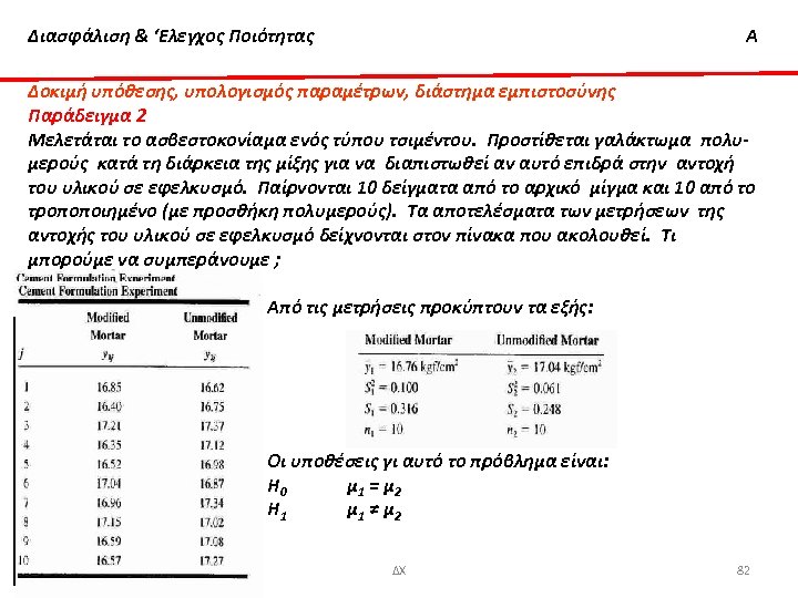 Διασφάλιση & ‘Ελεγχος Ποιότητας Α Δοκιμή υπόθεσης, υπολογισμός παραμέτρων, διάστημα εμπιστοσύνης Παράδειγμα 2 Μελετάται