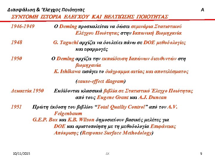 Διασφάλιση & ‘Ελεγχος Ποιότητας SUNTOMH ISTORIA ELEGCOU KAI BELTIWSHS POIOTHTAS 1946 -1949 O Deming