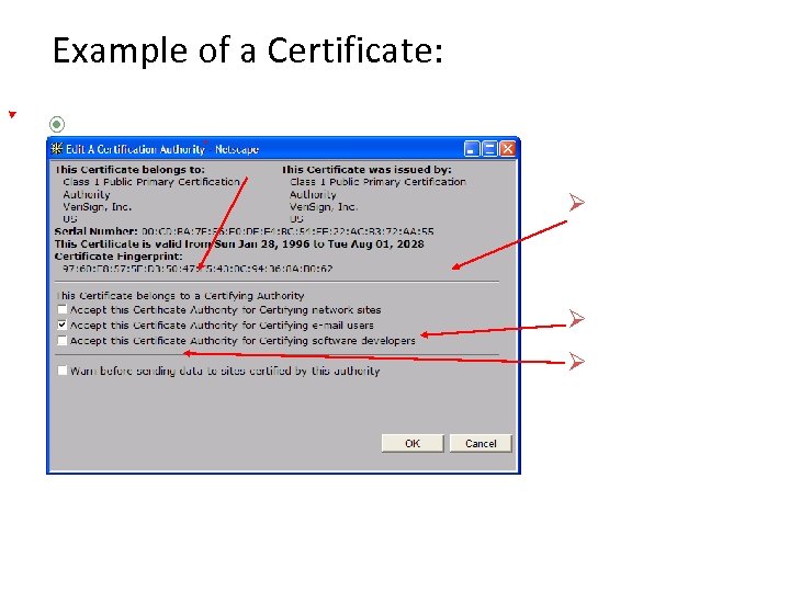 Example of a Certificate: Serial number (unique to issuer) info about certificate owner, including