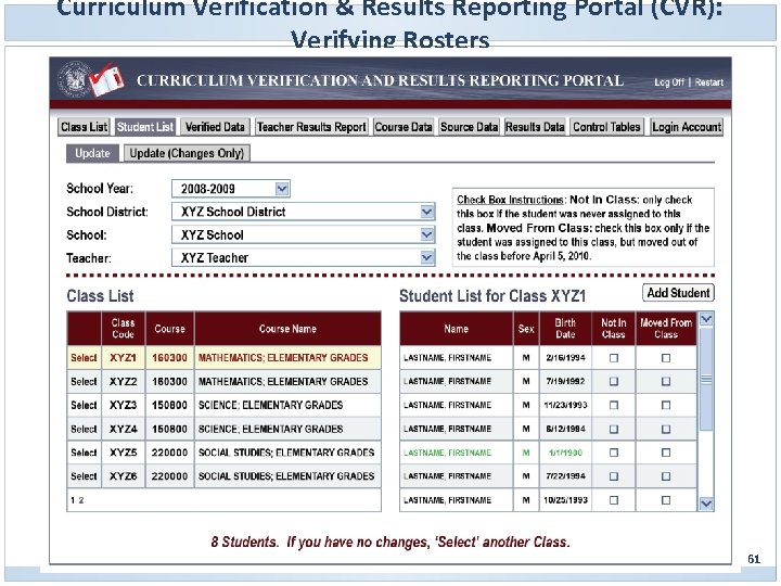 Curriculum Verification & Results Reporting Portal (CVR): Verifying Rosters 61 