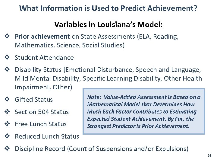What Information is Used to Predict Achievement? Variables in Louisiana’s Model: v Prior achievement