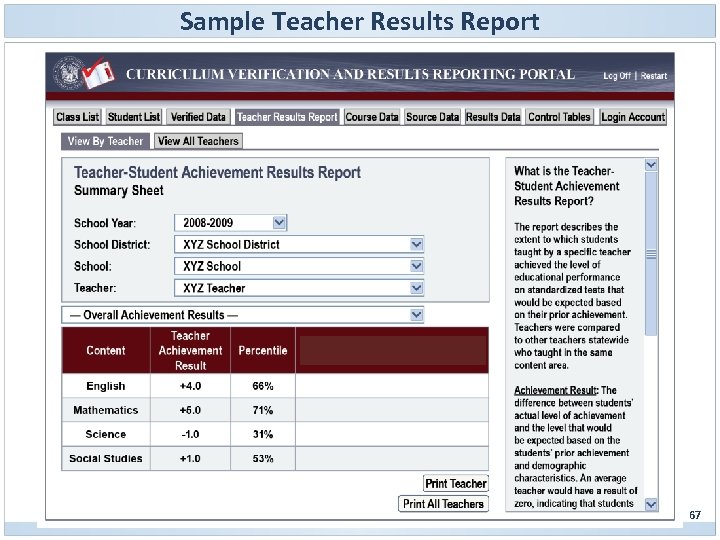 Sample Teacher Results Report 67 