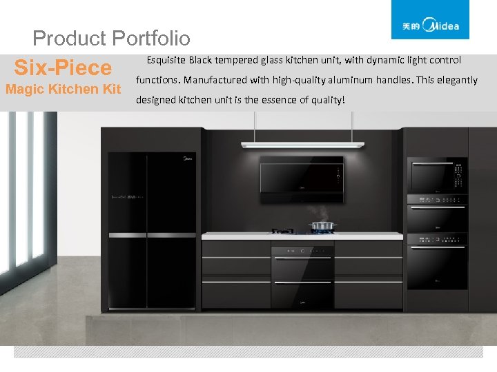 Product Portfolio Esquisite Black tempered glass kitchen unit, with dynamic light control Six-Piece functions.