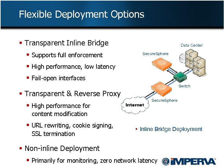 Flexible Deployment Options § Transparent Inline Bridge § Supports full enforcement Data Center Secure.