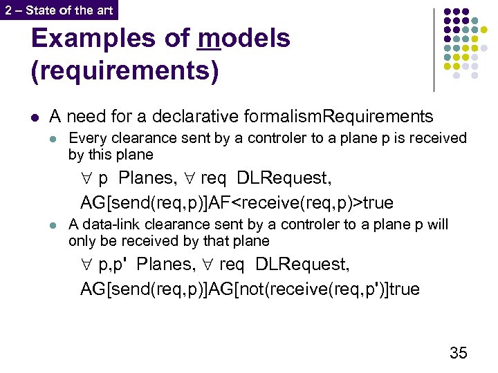 2 – State of the art Examples of models (requirements) l A need for