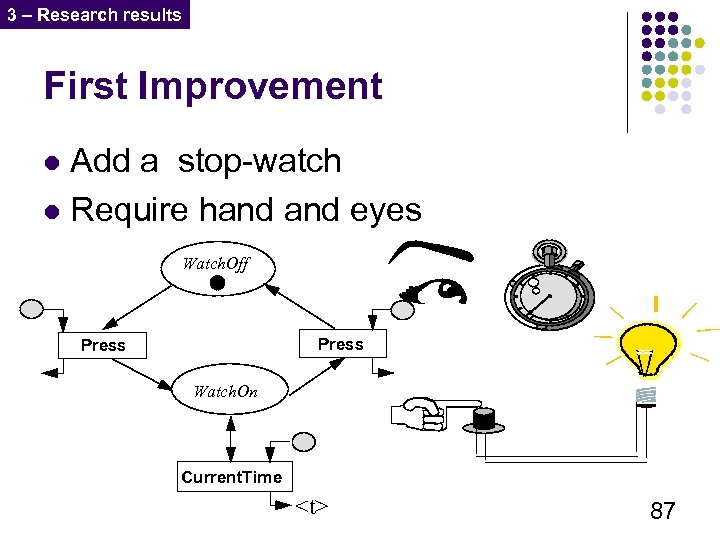 3 – Research results First Improvement Add a stop-watch l Require hand eyes l