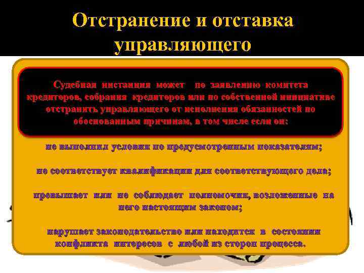 Отстранение и отставка управляющего Судебная инстанция может по заявлению комитета кредиторов, собрания кредиторов или