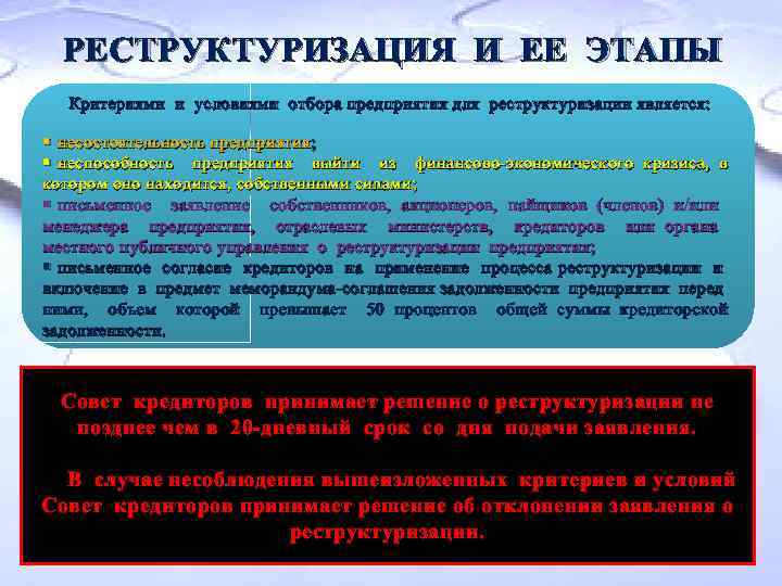 РЕСТРУКТУРИЗАЦИЯ И ЕЕ ЭТАПЫ Критериями и условиями отбора предприятия для реструктуризации является: § несостоятельность
