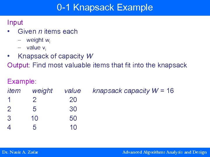 0 -1 Knapsack Example Input • Given n items each – weight wi –