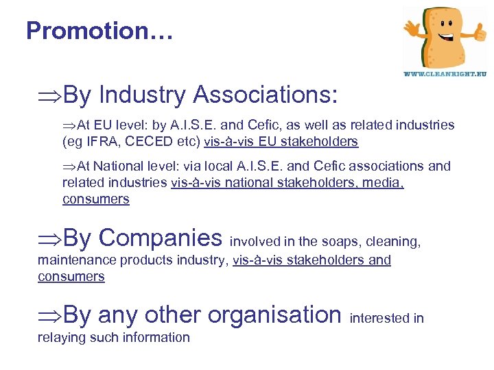 Promotion… ÞBy Industry Associations: ÞAt EU level: by A. I. S. E. and Cefic,