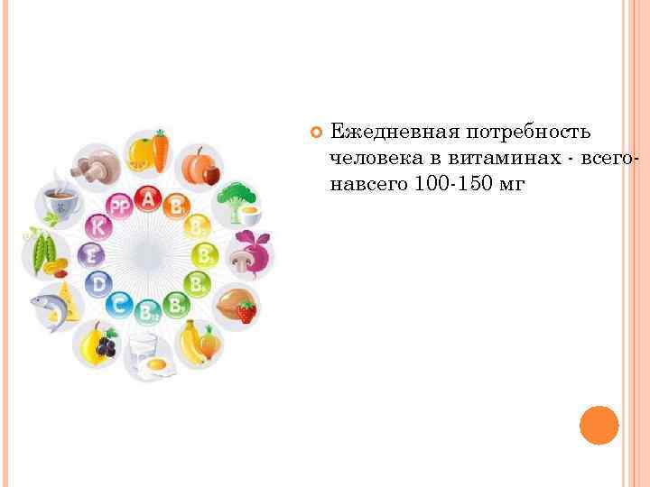  Ежедневная потребность человека в витаминах - всегонавсего 100 -150 мг 