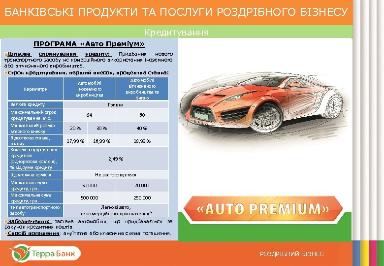 БАНКІВСЬКІ ПРОДУКТИ ТА ПОСЛУГИ РОЗДРІБНОГО БІЗНЕСУ Кредитування ПРОГРАМА «Авто Преміум» Цільове спрямування кредиту: Придбання
