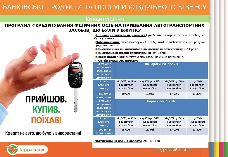 БАНКІВСЬКІ ПРОДУКТИ ТА ПОСЛУГИ РОЗДРІБНОГО БІЗНЕСУ Кредитування ПРОГРАМА «КРЕДИТУВАННЯ ФІЗИЧНИХ ОСІБ НА ПРИДБАННЯ АВТОТРАНСПОРТНИХ