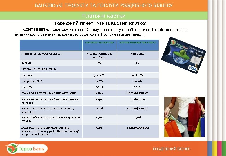 БАНКІВСЬКІ ПРОДУКТИ ТА ПОСЛУГИ РОЗДРІБНОГО БІЗНЕСУ Платіжні картки Тарифний пакет «INTERESTна картка» - картковий