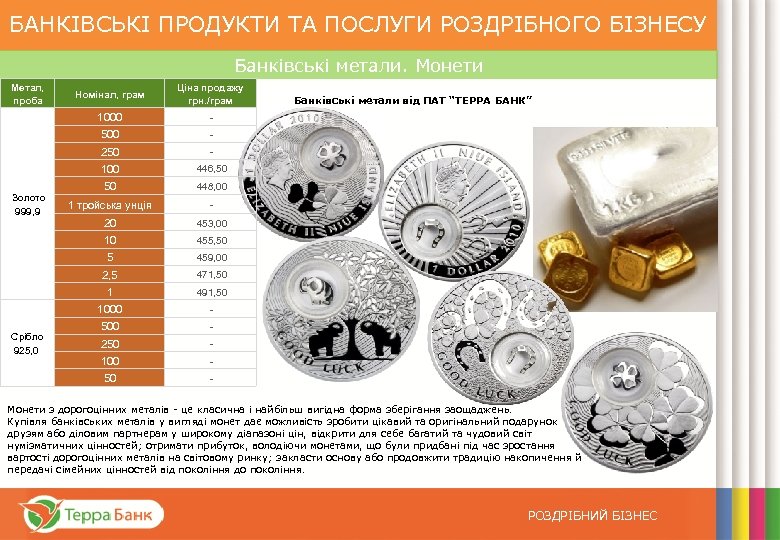 БАНКІВСЬКІ ПРОДУКТИ ТА ПОСЛУГИ РОЗДРІБНОГО БІЗНЕСУ Банківські метали. Монети Метал, проба - 500 -