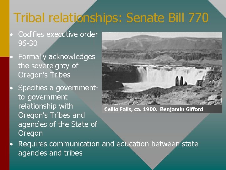 Tribal relationships: Senate Bill 770 • Codifies executive order 96 -30 • Formally acknowledges