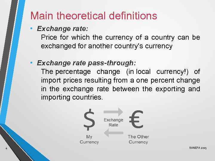 Main theoretical definitions • Exchange rate: Price for which the currency of a country