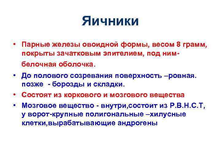 Яичники • Парные железы овоидной формы, весом 8 грамм, покрыты зачатковым эпителием, под нимбелочная