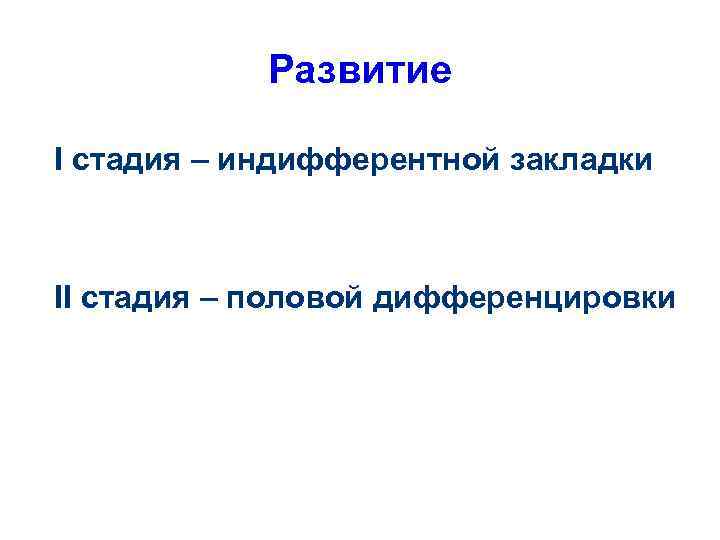 Развитие I стадия – индифферентной закладки II стадия – половой дифференцировки 