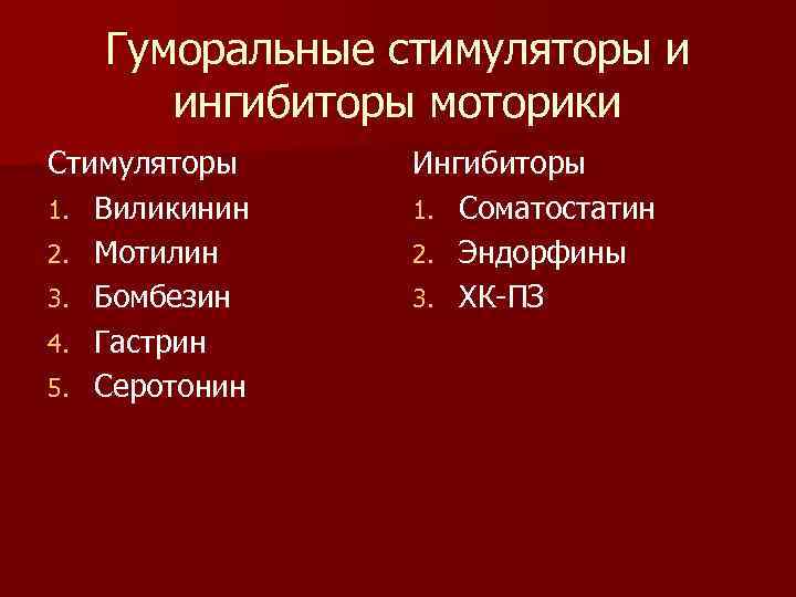 Гуморальные стимуляторы и ингибиторы моторики Стимуляторы 1. Виликинин 2. Мотилин 3. Бомбезин 4. Гастрин