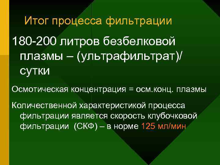 Итог процесса фильтрации 180 -200 литров безбелковой плазмы – (ультрафильтрат)/ сутки Осмотическая концентрация =