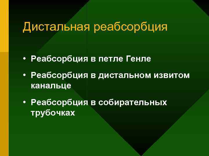 Дистальная реабсорбция • Реабсорбция в петле Генле • Реабсорбция в дистальном извитом канальце •