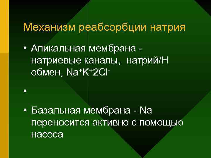 Механизм реабсорбции натрия • Апикальная мембрана натриевые каналы, натрий/Н обмен, Na+K+2 Cl • •