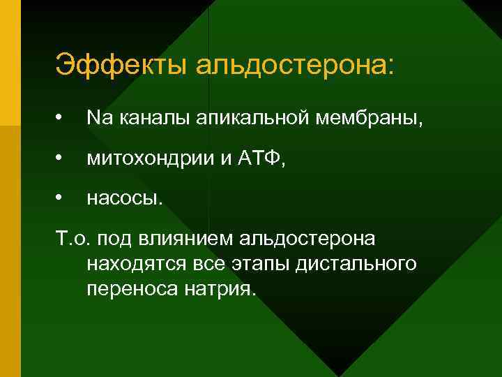 Эффекты альдостерона: • Nа каналы апикальной мембраны, • митохондрии и АТФ, • насосы. Т.