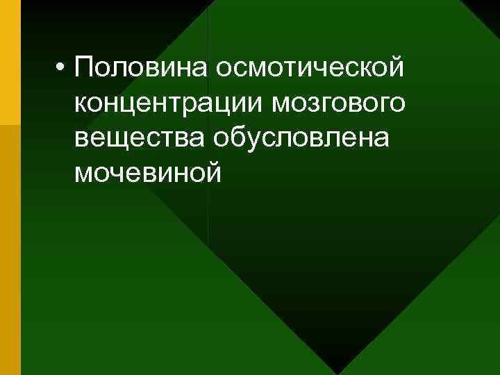  • Половина осмотической концентрации мозгового вещества обусловлена мочевиной 