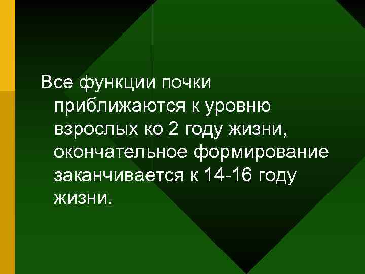 Все функции почки приближаются к уровню взрослых ко 2 году жизни, окончательное формирование заканчивается