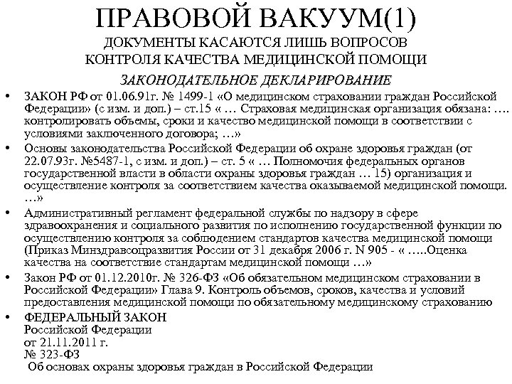 ПРАВОВОЙ ВАКУУМ(1) ДОКУМЕНТЫ КАСАЮТСЯ ЛИШЬ ВОПРОСОВ КОНТРОЛЯ КАЧЕСТВА МЕДИЦИНСКОЙ ПОМОЩИ ЗАКОНОДАТЕЛЬНОЕ ДЕКЛАРИРОВАНИЕ • •