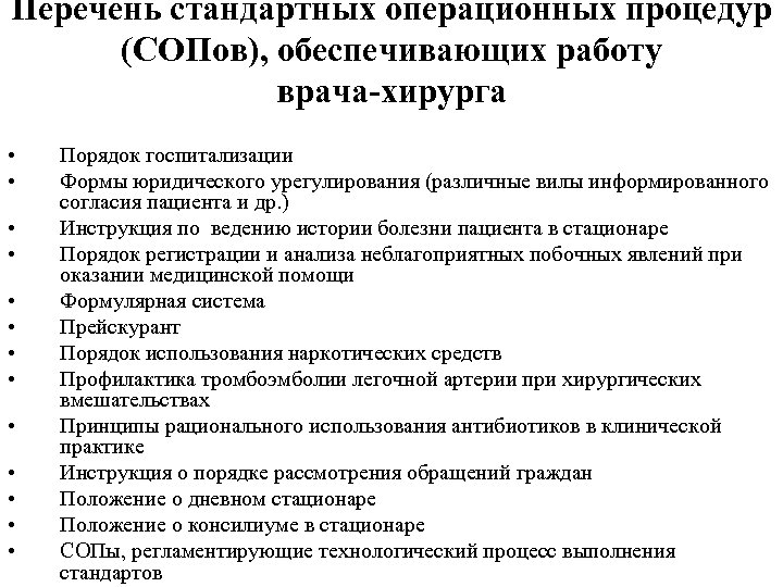 Перечень стандартных операционных процедур (СОПов), обеспечивающих работу врача-хирурга • • • • Порядок госпитализации