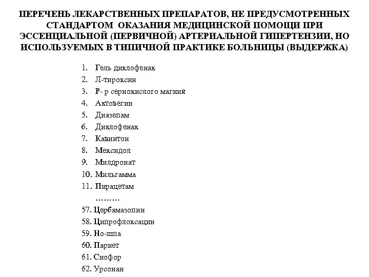 ПЕРЕЧЕНЬ ЛЕКАРСТВЕННЫХ ПРЕПАРАТОВ, НЕ ПРЕДУСМОТРЕННЫХ СТАНДАРТОМ ОКАЗАНИЯ МЕДИЦИНСКОЙ ПОМОЩИ ПРИ ЭССЕНЦИАЛЬНОЙ (ПЕРВИЧНОЙ) АРТЕРИАЛЬНОЙ ГИПЕРТЕНЗИИ,