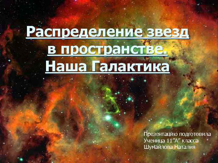 Распределение звезд в пространстве. Наша Галактика Презентацию подготовила Ученица 11”А” класса Шумайлова Наталия 