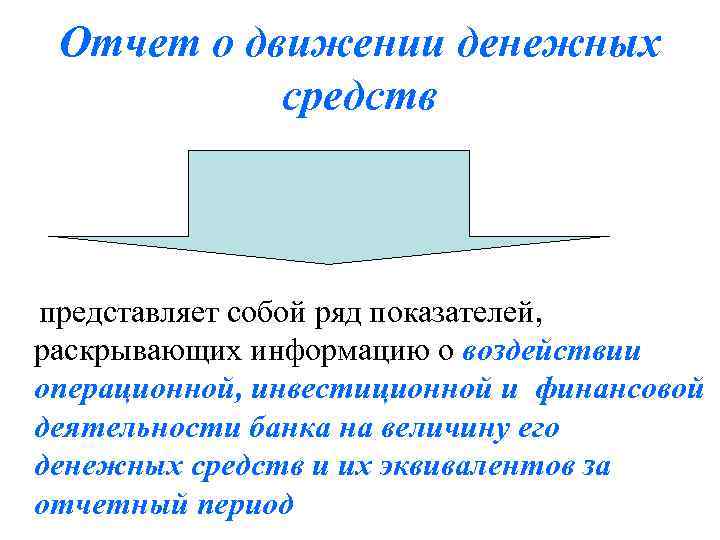 Отчет о движении денежных средств представляет собой ряд показателей, раскрывающих информацию о воздействии операционной,