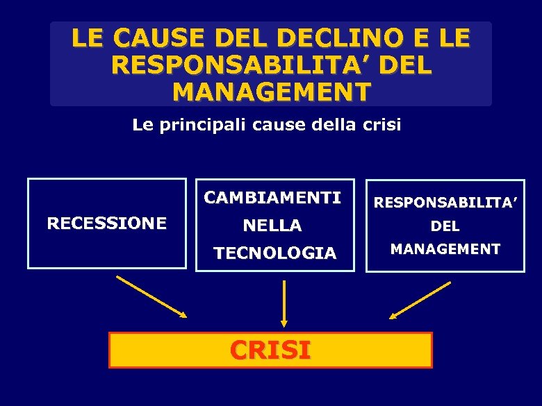 LE CAUSE DEL DECLINO E LE RESPONSABILITA’ DEL MANAGEMENT Le principali cause della crisi