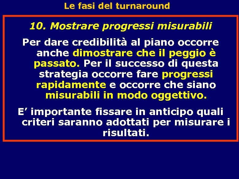 Le fasi del turnaround 10. Mostrare progressi misurabili Per dare credibilità al piano occorre