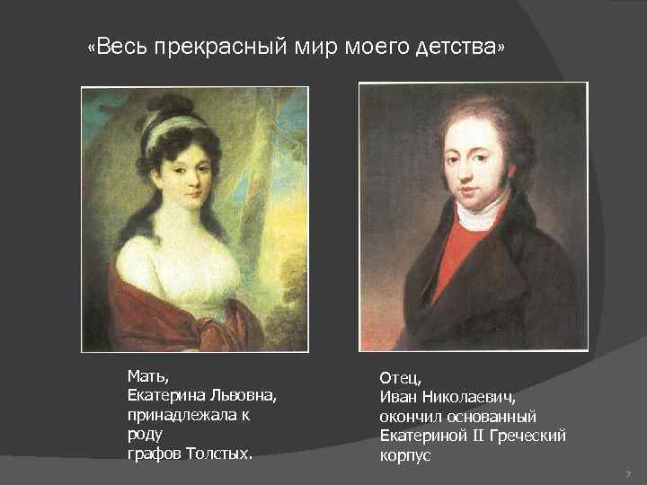  «Весь прекрасный мир моего детства» Мать, Екатерина Львовна, принадлежала к роду графов Толстых.