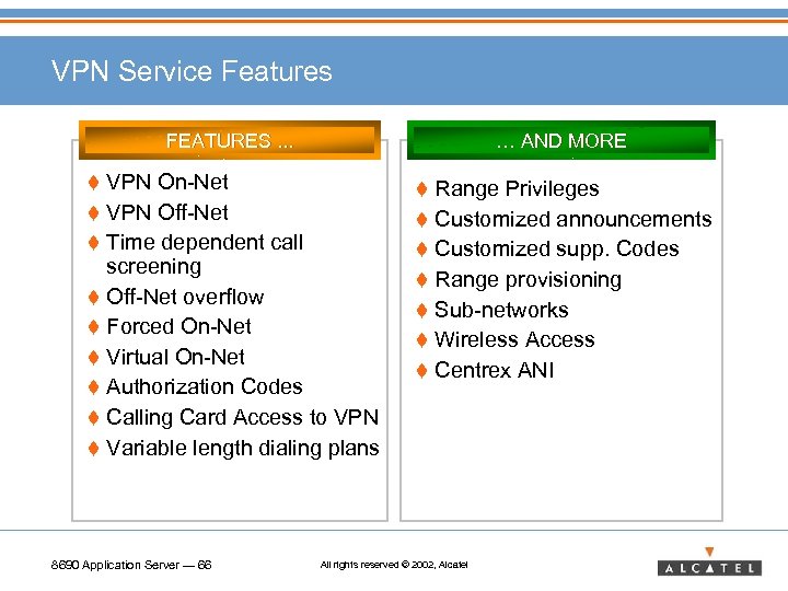 VPN Service Features FEATURES. . . … AND MORE t VPN On-Net t Range