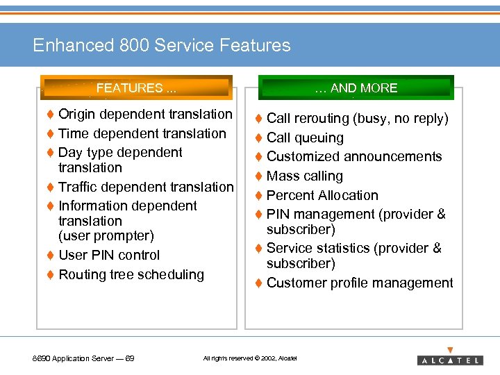 Enhanced 800 Service Features FEATURES. . . … AND MORE t Origin dependent translation