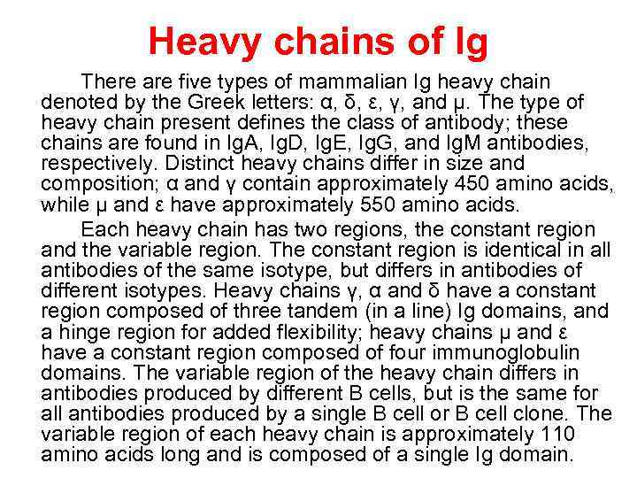 Heavy chains of Ig There are five types of mammalian Ig heavy chain denoted