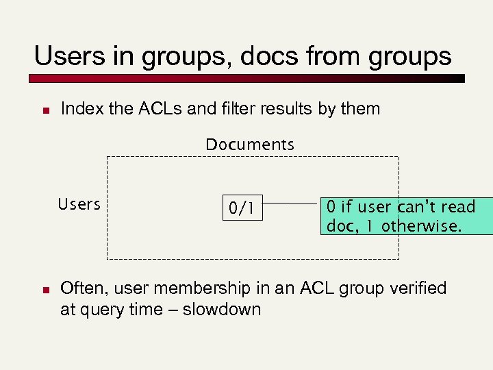 Users in groups, docs from groups n Index the ACLs and filter results by